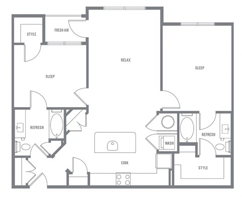 Floor plan for 2 beds, 2 baths, 1117 sqft